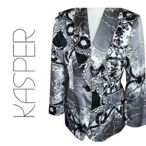 Kasper Gray Black Satin Blazer Jacket Pearl & Chain Motif Size 6P